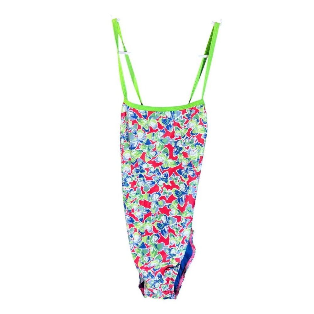 Speedo New Slimming Red and Blue Butterfly One Piece Swimsuit Bathing Suit NWT